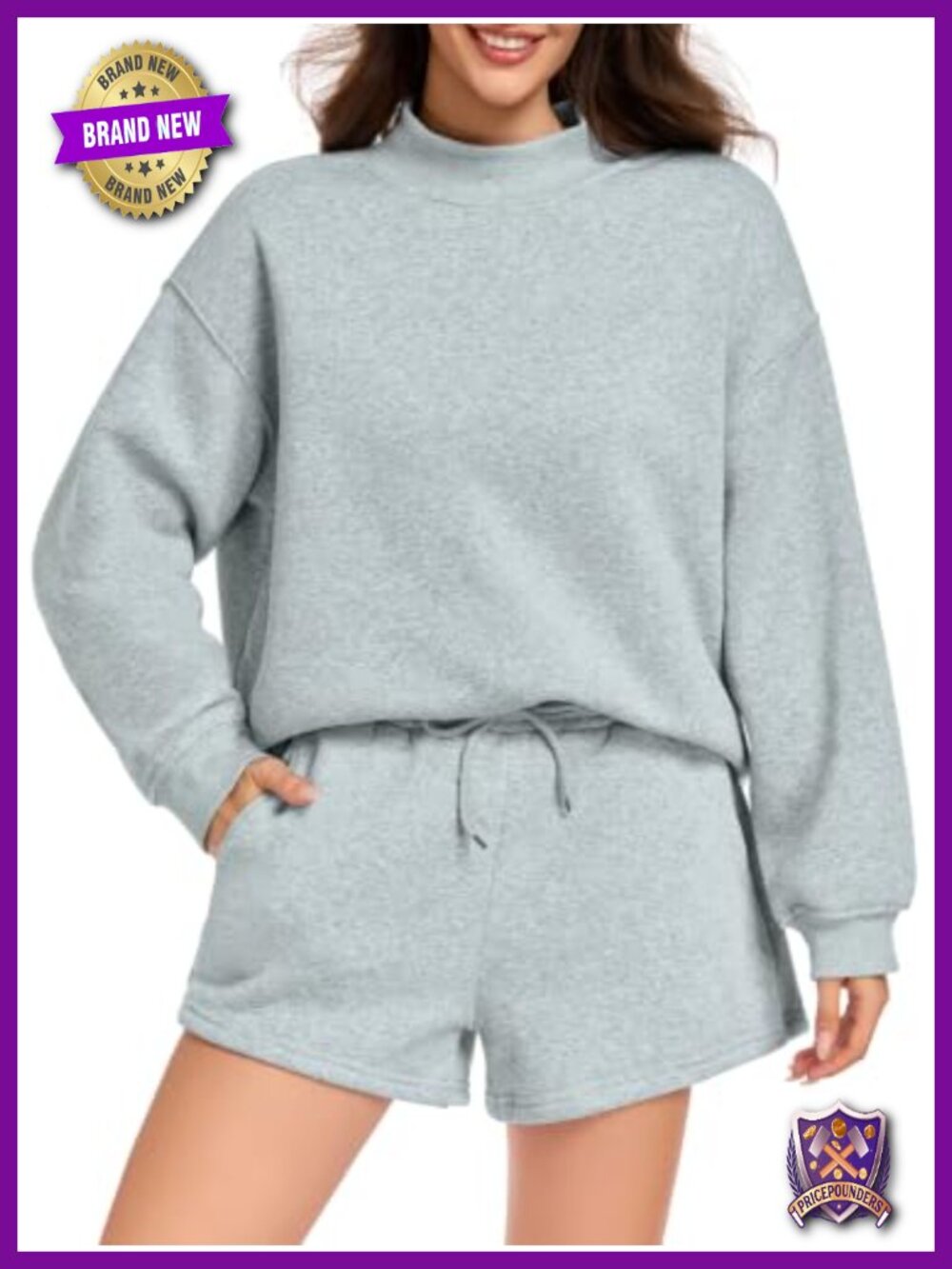 Womens 2 Piece Lounge Set Mock Neck Long Sleeve Sweat Shorts Sweatsuit